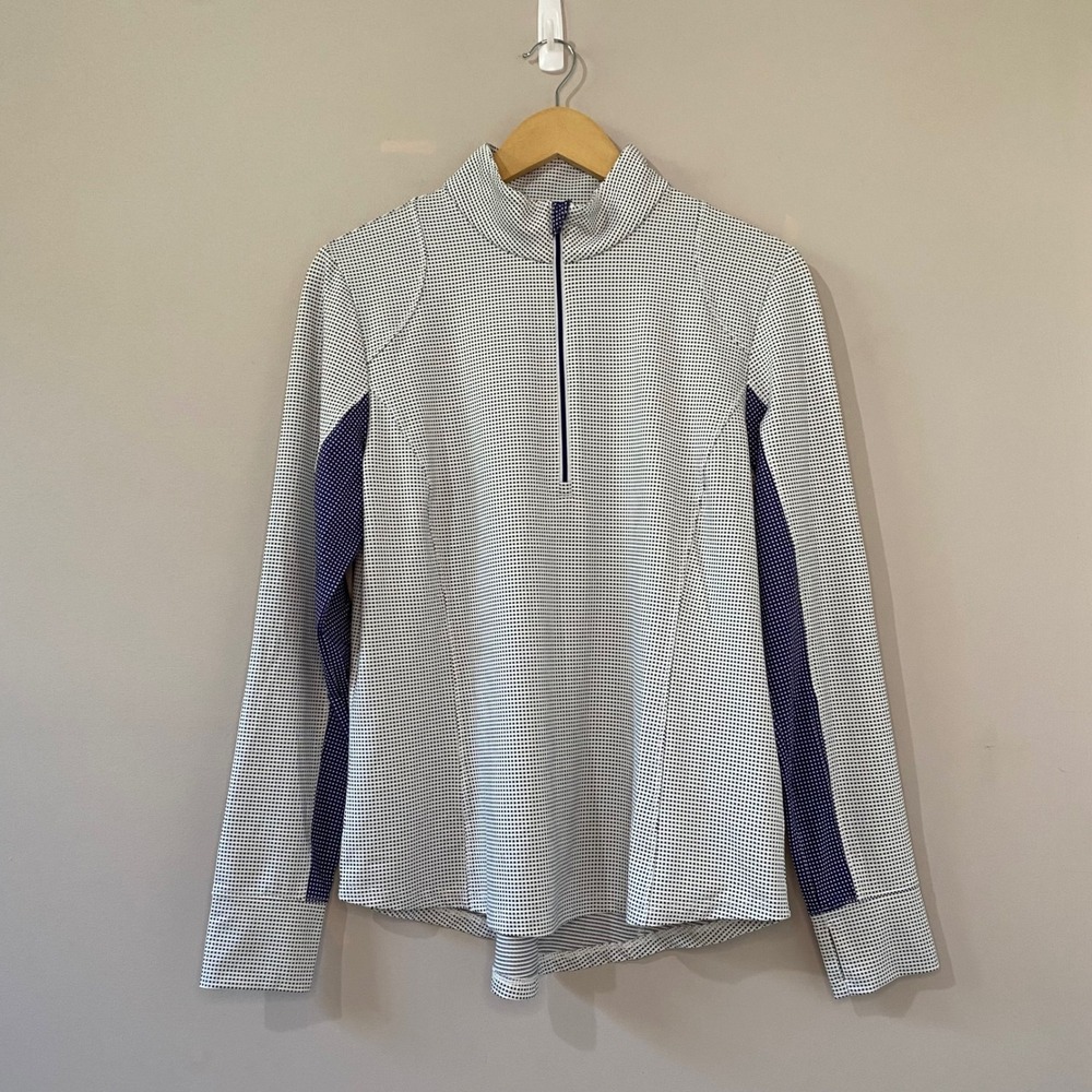 Zero Restriction Womens NWOT Quarter Zip Mock Pullover Navy White Grid Textured